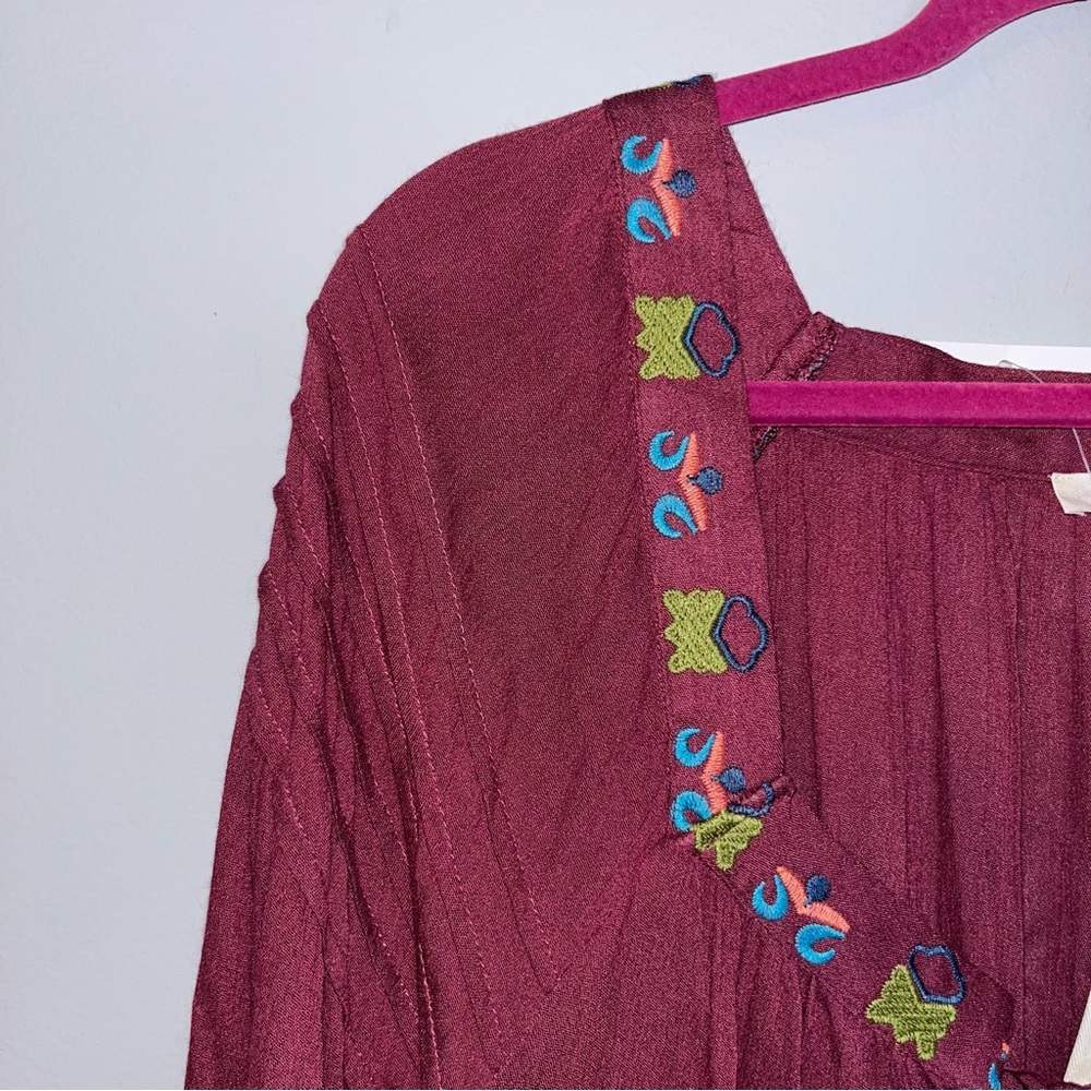 Easel Boho Burgundy Dress with Colorful Embroidery Large - Picture 2 of 8